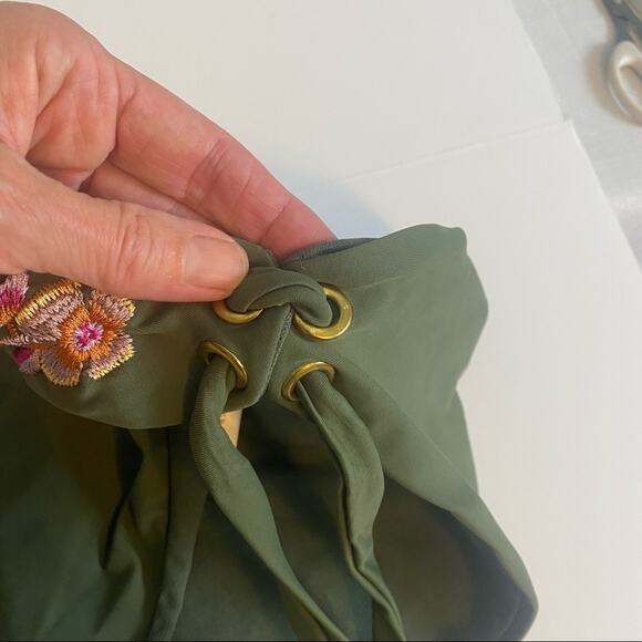 Bikini Bottom Womens L 12-14 Green Floral Embroidered Ruched Boho Side Ties - Picture 11 of 12